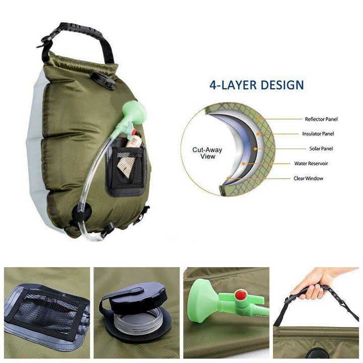 NNEDSZ Green Portable Solar Camping Shower Bag, Foldable 20L Outdoor Water Storage Bag with Temperature Display for Easy Use - Image 4