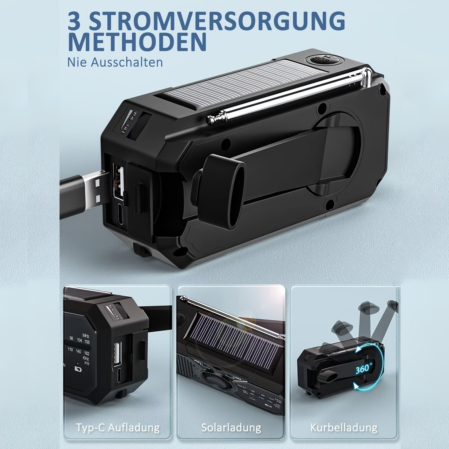 NNETM Emergency Radio Solar Hand Crank USB Power Bank - Image 4